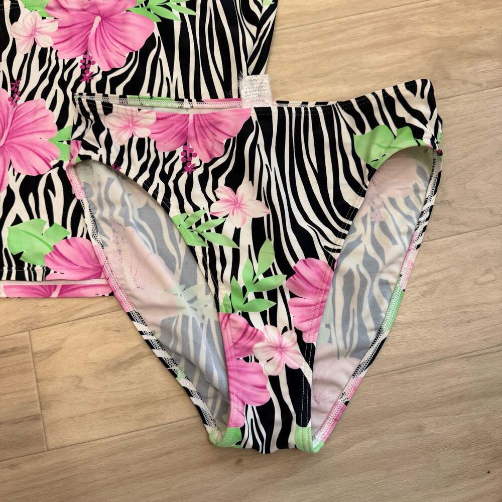 Caribbean Sand Tropical Hibiscus Zebra Print Tankini Set - Picture 2 of 5